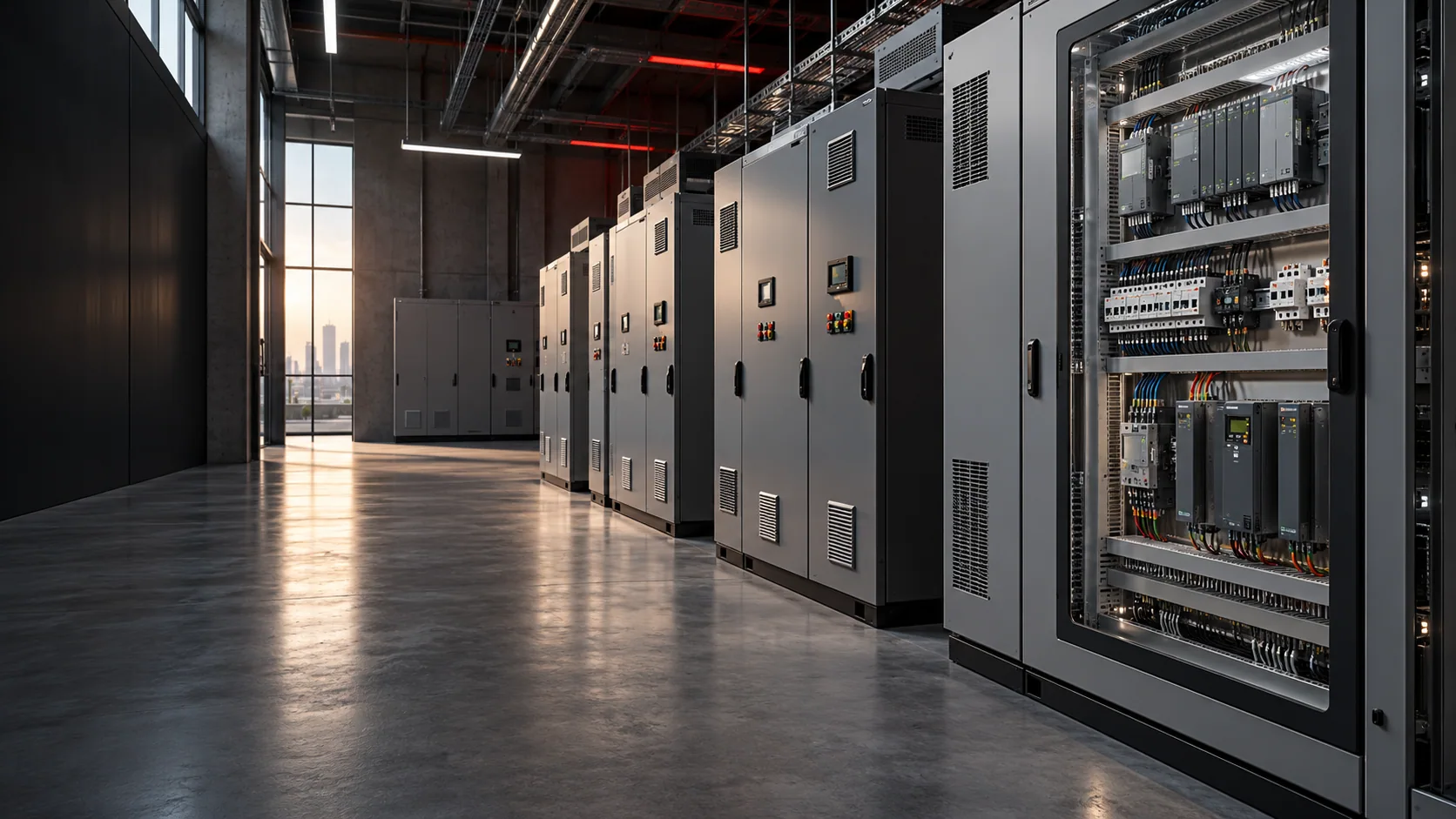 Modern electrical control cabinets in an industrial switchgear room